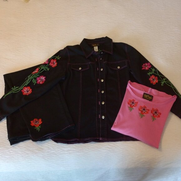 Casual Western Style 3pc Pant Set sz M Black w Pink Floral Embroidery - Picture 1 of 16